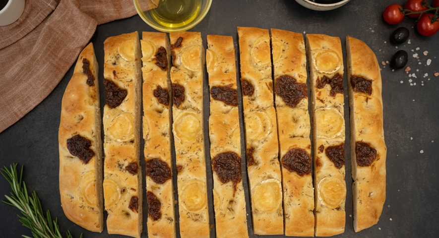 Vista superior de una focaccia de queso de cabra e higos cortada en tiras sobre una superficie oscura, rodeada de tomates, aceitunas y romeros