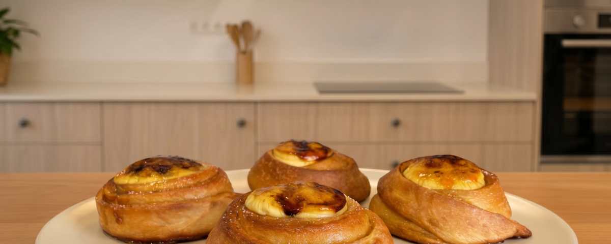 Cuatro rollos de canela rellenos de crema de crème brûlée caramelizada sobre un plato blanco en una cocina moderna
