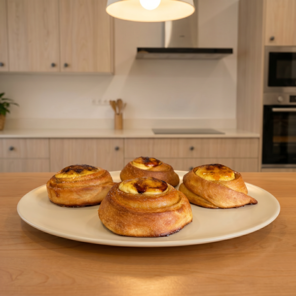 Cuatro rollos de canela rellenos de crema de crème brûlée caramelizada sobre un plato blanco en una cocina moderna