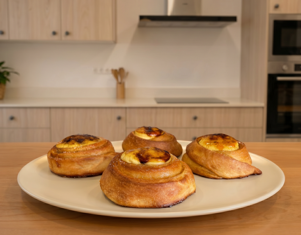 Cuatro rollos de canela rellenos de crema de crème brûlée caramelizada sobre un plato blanco en una cocina moderna