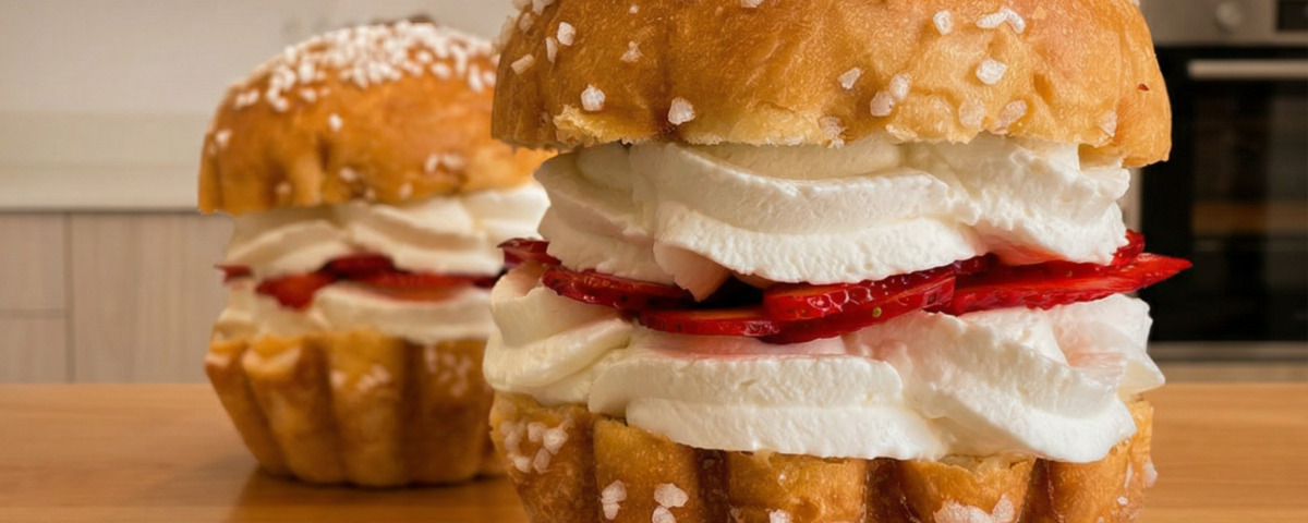 Dos bollos de brioche con azúcar perlado, rellenos de nata montada y fresas laminadas, sobre una mesa de madera